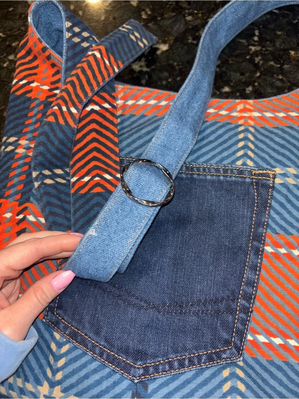 Reversible Handmade Denim & Plaid Crossbody Tote Bag travel reading